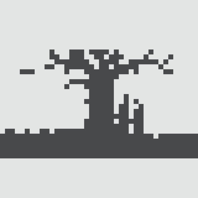 A pixel-art rendering of a large, sprawling tree with bare branches set against a minimalist ground, likely representing the "Panorama Genesis" artwork being transposed with a new AI model according to the post. There is no visible text or identifiable labels in the image itself.