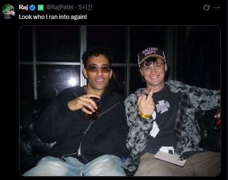 A tweet from @RajPatel captioned "Look who I ran into again!" shows him posing alongside another young man, identified in the comments as Phin (wearing a "Gallery Dept" cap and holding up a peace sign), while holding a drink—directly fueling the community's FUD about the Abstract team member's public association with him.