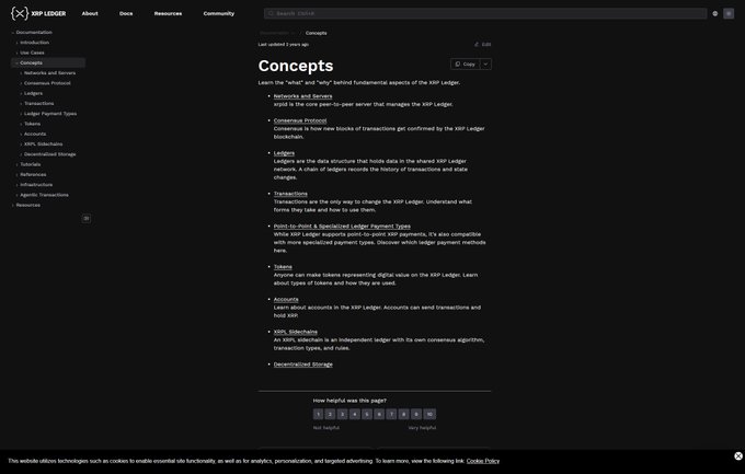 A screenshot of the XRP Ledger documentation page displaying a "Concepts" section that explains the ledger, consensus protocol, ledgers, transactions, payment types, tokens, accounts, tokens, decentralized storage, and infrastructure—directly illustrating the public, open-access technical documentation referenced in the accompanying post about XRPL's transparency for institutional builders.