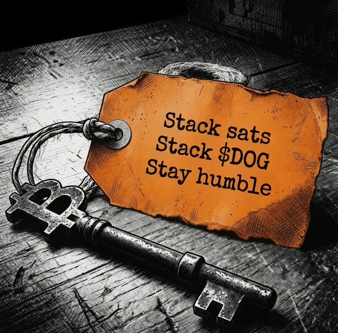 An ornate vintage key rests beside a weathered orange tag on a scratched wooden surface, with the text "Stack sats / Stack $DOG / Stay humble" printed on it—pairing the Bitcoin "stack sats" philosophy with Dogecoin ($DOG) in a mantra of crypto accumulation and humility.