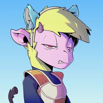 An anime-style illustration of a purple-skinned demon character with yellow hair, horns, and pointed ears wearing armor.