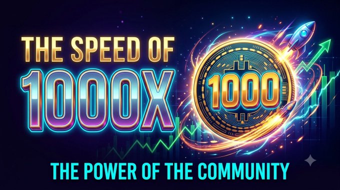 A promotional graphic with neon-style text reading 'THE SPEED OF 1000X' and 'THE POWER OF THE COMMUNITY', featuring a golden '1000' coin, a rocket ship, and upward green arrows on a dark starry background.