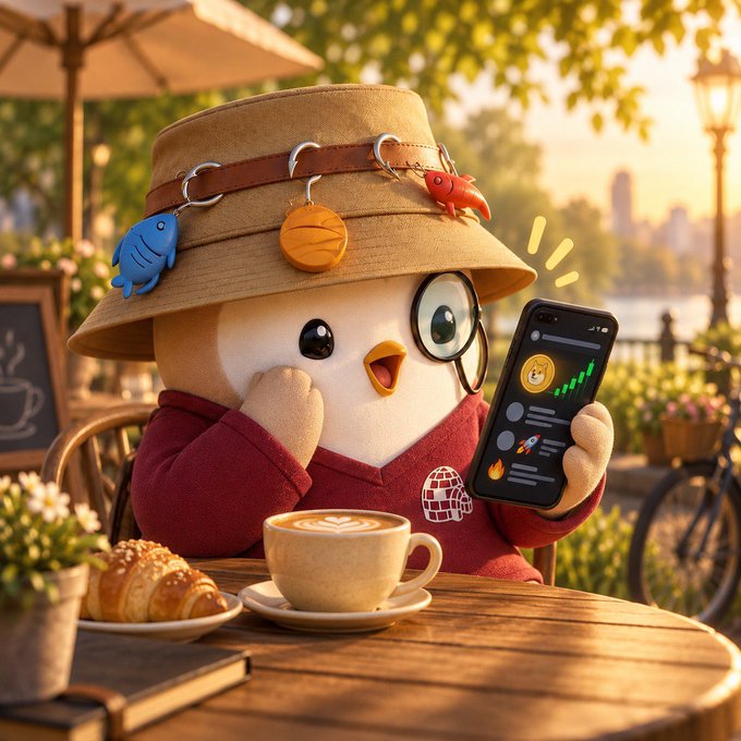 A cute 3D-rendered character resembling a chick in a bucket hat decorated with charms sits at a café table enjoying coffee while viewing a stock chart on their smartphone.