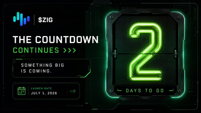 A futuristic neon-green countdown graphic displays "2 DAYS TO GO" with a launch date of July 1, 2026, alongside the $ZIG logo and the tagline "THE COUNTDOWN CONTINUES — SOMETHING BIG IS COMING," visually reinforcing the post's excitement for $ZIG 2.0's imminent launch.