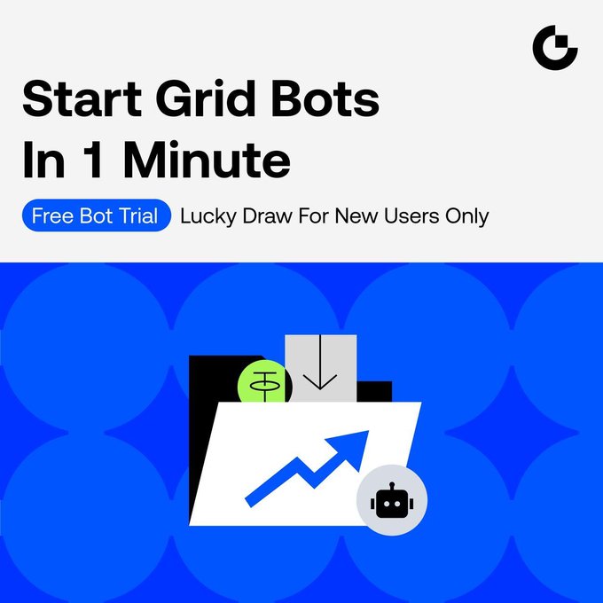 A promotional graphic featuring the headline "Start Grid Bots In 1 Minute" with a "Free Bot Trial" button and "Lucky Draw For New Users Only" text, alongside an illustration of a chart with an upward-trending arrow, a dollar sign coin, a download icon, and a bot icon—all set against a blue background with a starburst logo, promoting a grid trading bot tutorial and lucky draw incentive for new users.