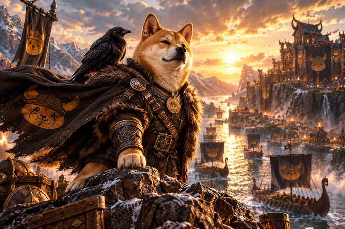 A digital artwork depicting a Shiba Inu dog dressed as a Viking warrior with a raven on its shoulder, overlooking a fjord filled with Viking longships at sunset.