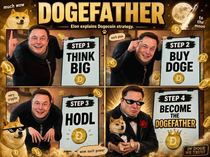 The image depicts Elon Musk outlining the "DOGEFATHER Strategy" with four steps: "THINK BIG," "BUY DOGE," "HODL," and "BECOME THE DOGEFATHER," accompanied by Dogecoin imagery and text. This visual directly illustrates the steps outlined in the post for a Dogecoin investment strategy.