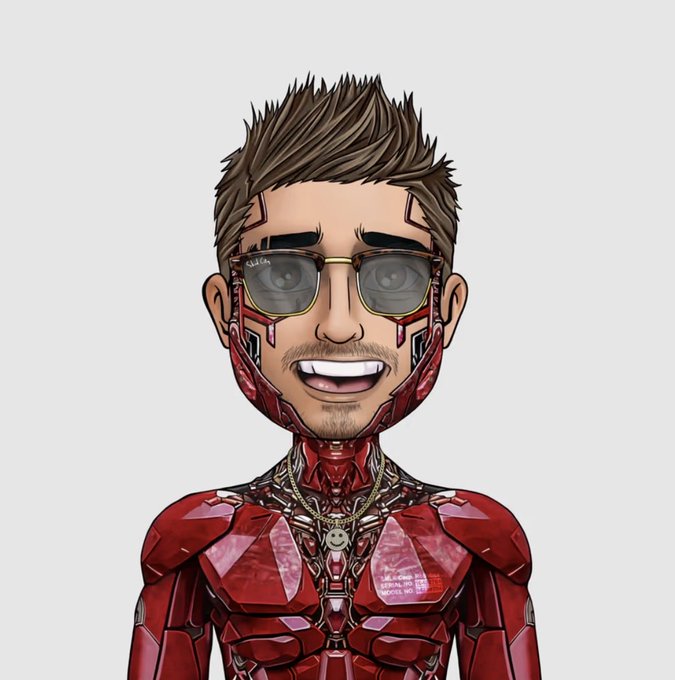 A 3D-rendered avatar of a smiling man with spiky brown hair wearing glasses and a red, futuristic, robotic-style suit with metallic details.