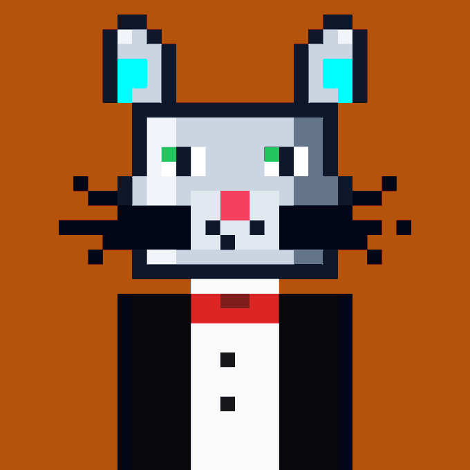 A pixel art illustration of a white rabbit with cyan-tipped ears, green eyes, a pink nose, and a black mustache, wearing a tuxedo with a red bow tie, set against an orange background—likely a profile picture or avatar associated with the user's OpenSea NFT collection promotion.