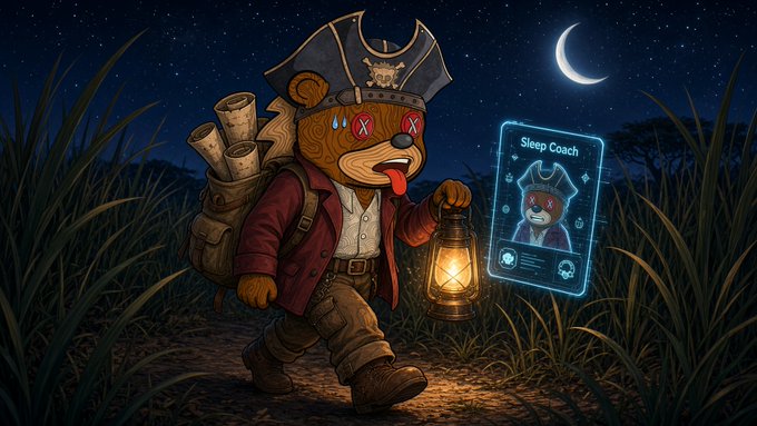 A cartoon pirate bear with an X-eyed expression, tongue out, and sweat drops trudges through the savanna at night under a crescent moon, wearing a tricorn hat and carrying rolled maps in a backpack while holding a glowing lantern in one hand and a holographic "Sleep Coach" card displaying his own pirate avatar in the other, illustrating the post's message about a new Sleepagotchi companion that only progresses if the user sleeps.