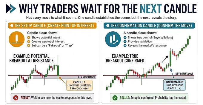 An educational trading infographic titled "WHY TRADERS WAIT FOR THE NEXT CANDLE" that contrasts a "Setup Candle" (Candle 1) showing a potential breakout or fake-out at key resistance with a "Confirmation Candle" (Candle 2) revealing true buyer/seller control, illustrating how the second candle validates the market's response—directly supporting the post's message about waiting for confirmation before entering trades.
