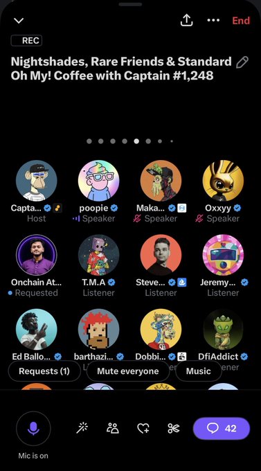 A screenshot of a Twitter Spaces titled "Nightshades, Rare Friends & Standard Oh My! Coffee with Captain #1,248" showing multiple speakers including Capta..., poopie, Maka, and Oxxyy, with the microphone on, supporting an invitation for listeners to join and ask questions about @RareFriendsNFT.