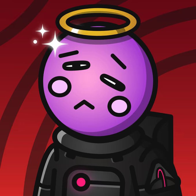 A cartoon character with a purple round head, droopy tired eyes, and a golden halo above their head is shown against a red background, wearing a black spacesuit-like outfit with pink accents. The weary expression and halo humorously illustrate the "long night" reference from the welcome message for @jabarlocker.