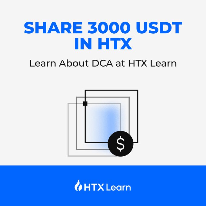 A promotional graphic for HTX Learn advertising a giveaway of 3000 USDT, featuring a blue geometric design with a dollar sign icon.