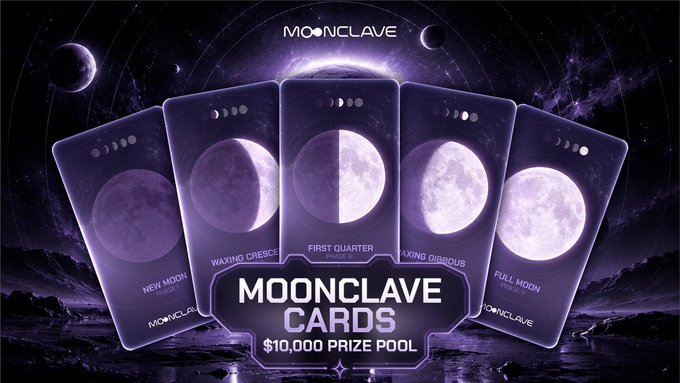 An advertisement for 'MOONCLAVE CARDS' showing five playing cards depicting moon phases (New Moon, Waxing Crescent, First Quarter, Waxing Gibbous, Full Moon) with a $10,000 prize pool.