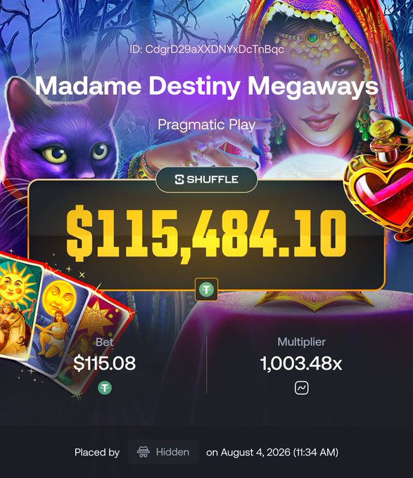 A screenshot of a "Madame Destiny Megaways" slot game by Pragmatic Play showing a large win of $115,484.10 with a 1,003.48x multiplier on an $115.08 bet.