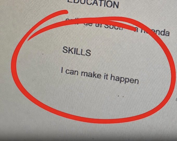 A close-up photograph of a printed page where a red hand-drawn circle highlights the text 'SKILLS - I can make it happen' beneath an 'EDUCATION' heading.