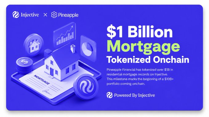A purple promotional banner for Injective x Pineapple announcing that '$1 Billion Mortgage Tokenized Onchain,' noting Pineapple Financial has tokenized over $1B in residential mortgage records and that a $10B+ portfolio is coming, 'Powered By Injective.'