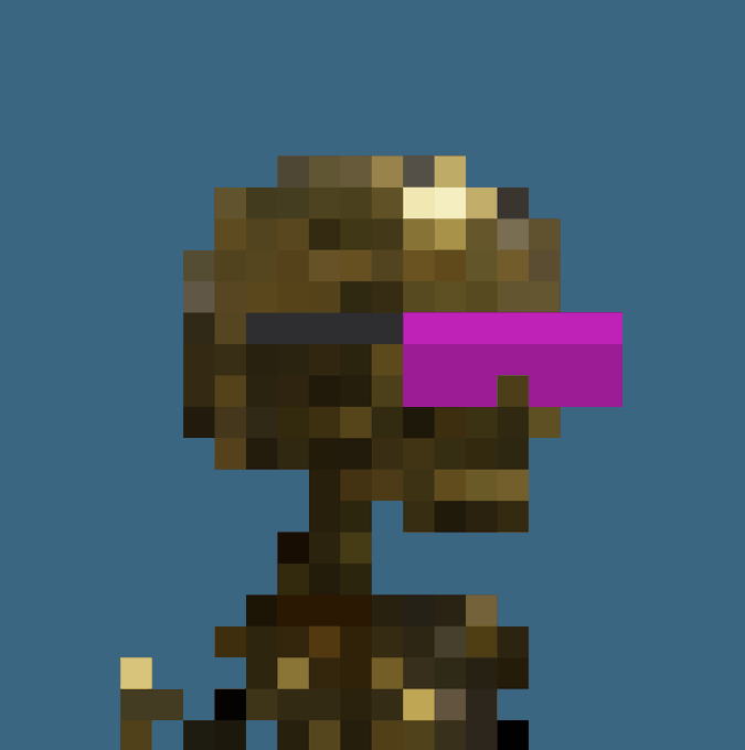 A pixel art rendering of a brown skull with a dark horizontal visor, set against a solid blue-gray background.