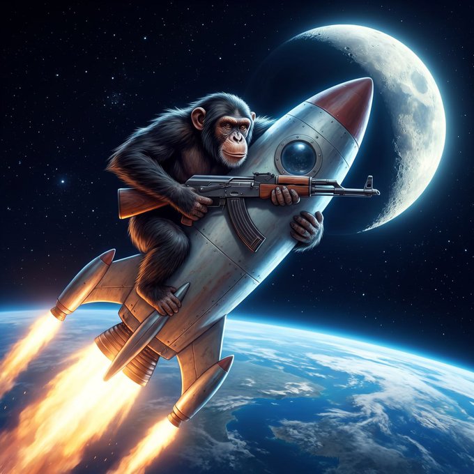 A chimpanzee straddles a retro rocket while clutching an AK-47, soaring past a giant moon above Earth with fiery exhaust trailing behind.

The surreal, action-packed imagery of a weaponized ape launching into space visually amplifies the post's bold declaration of a strong buying opportunity for the $APEGUN token, reinforcing the meme's aggressive, high-energy "moon-bound" trading sentiment.