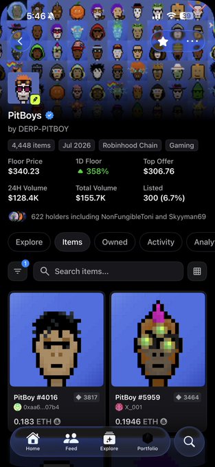 This screenshot shows an OpenSea NFT collection page for "PitBoys" by DERP-PITBOY on the Robinhood Chain, featuring 4,448 items with a floor price of $340.23 and a notable 358% increase over 1D. The image relates to "Wen 1E" by highlighting the collection's current valuation (roughly 0.183-0.1946 ETH per item), suggesting the community is anticipating reaching the 1 ETH milestone per NFT.