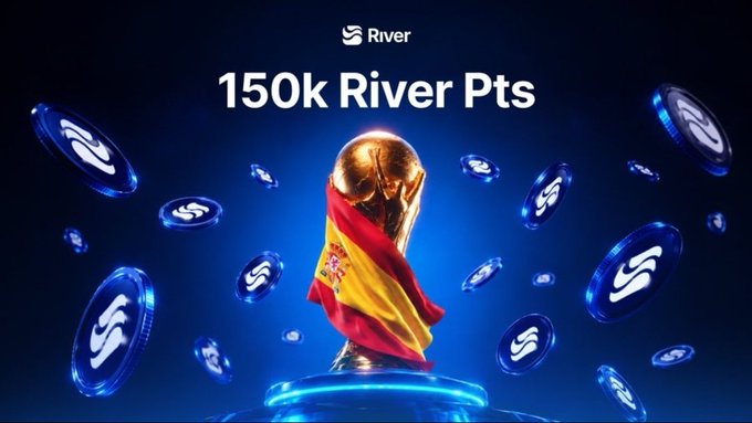A promotional graphic for River showing '150k River Pts' above a golden trophy wrapped in a Spanish flag, surrounded by floating blue River cryptocurrency coins.