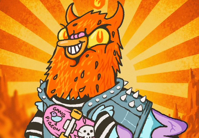 A vibrant cartoon illustration features an orange, horned, flame-like creature with a wide grin, wearing spiked armor and a pink shirt displaying "GANG PIGEON" along with a pigeon and skull graphic, set against a sunburst orange background. The image promotes the "Wingston NFT" free mint on RallyOnChain, with the "GANG PIGEON" shirt text reinforcing the collection's streetwise pigeon-themed branding.