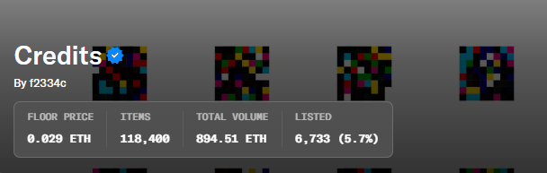 A dark dashboard titled 'Credits By f2334c' displays NFT collection stats including 'FLOOR PRICE 0.029 ETH', 'ITEMS 118,400', 'TOTAL VOLUME 894.51 ETH', and 'LISTED 6,733 (5.7%)'.