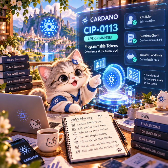 A digital illustration featuring a cartoon cat wearing glasses and a blue jacket, sitting at a desk with a laptop and notebook, alongside promotional content for "CARDANO CIP-0113 LIVE ON MAINNET" highlighting programmable tokens with features like "KYC Rules," "Sanctions Check," and "Transfer Conditions."