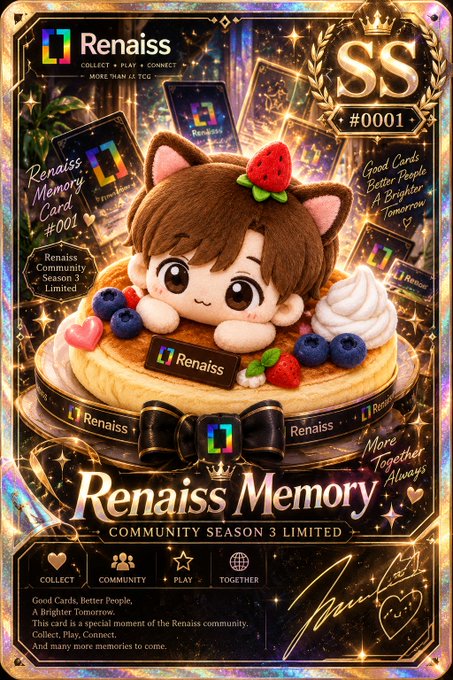 A holographic trading card-style image titled "Renaiss Memory Community Season 3 Limited" featuring a chibi cat character on a pancake with the "SS #0001" rarity tag.