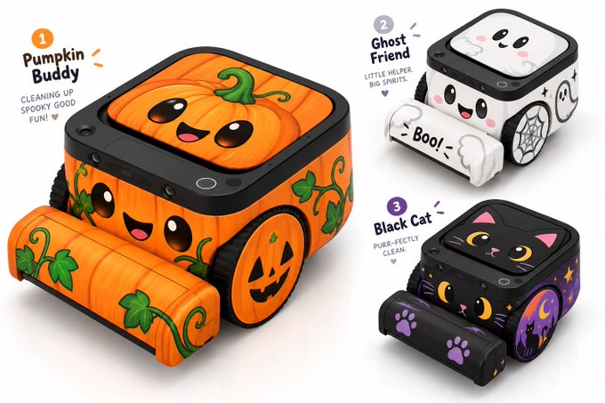 An advertisement showcases three Halloween-themed toy printers: a 'Pumpkin Buddy' (orange), a 'Ghost Friend' (white), and a 'Black Cat' (black).