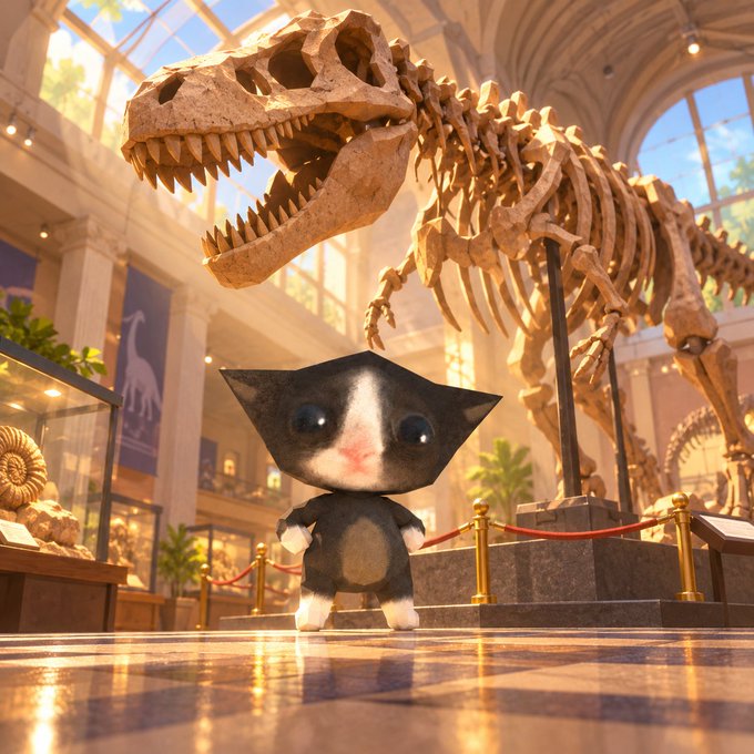 A digital illustration of an adorable, big-eyed black and white cat standing on the polished floor of a museum, with a massive Tyrannosaurus Rex skeleton looming behind it.