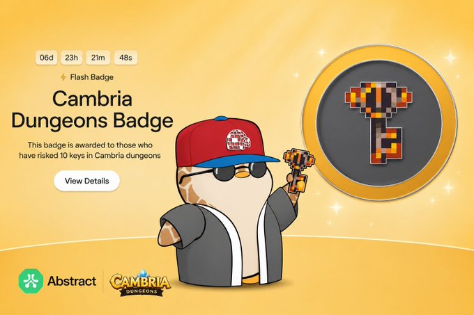 A promotional graphic for a 'Cambria Dungeons Badge' Flash Badge from Abstract, awarded to those who risk 10 keys in Cambria dungeons, featuring a cartoon penguin character and a pixelated key icon with a 6-day countdown timer.