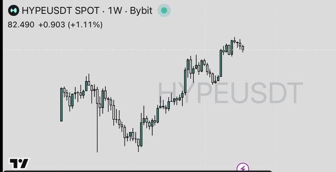 A weekly candlestick chart from Bybit showing the HYPEUSDT spot trading pair with a current price of 82.490, up 1.11%.