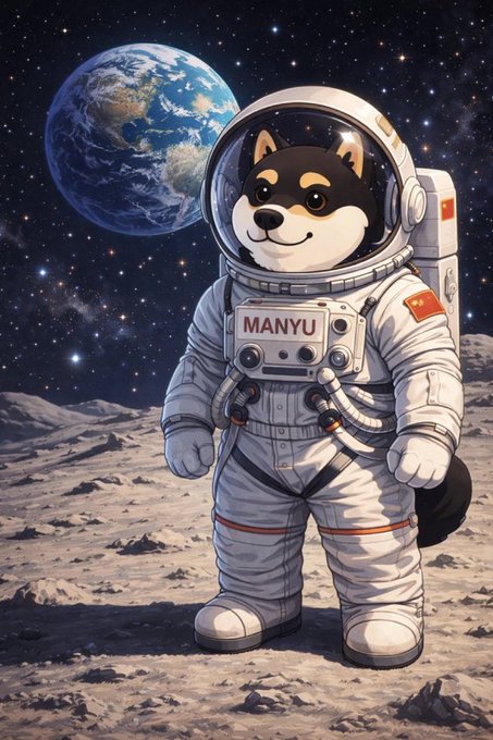 An illustration of a Shiba Inu dog wearing a spacesuit with 'MANYU' written on the chest, standing on the moon with Earth visible in the starry background and a Chinese flag patch on the suit.