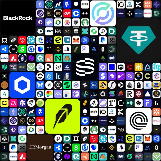 A collage of numerous crypto and finance company logos, prominently featuring BlackRock, J.P. Morgan, Tether, and various other digital asset platforms arranged in a grid.