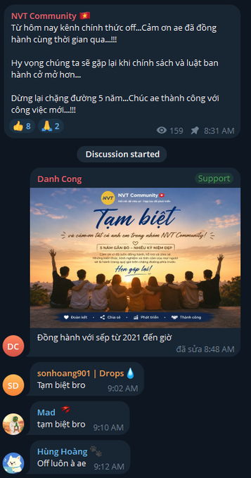 NVT Community Telegram chat screenshot in Vietnamese showing an 'Discussion started' message with a 'Tạm biệt' (Goodbye) NVT Community graphic dated 9/8/2025, followed by supportive replies like 'Tạm biệt bro' and 'Off luôn à ae'.