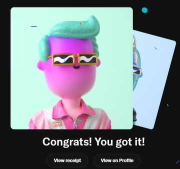 A digital avatar with pink skin, teal hair, and sunglasses receives a congratulatory message reading 'Congrats! You got it!' with buttons for 'View receipt' and 'View on Profile'.