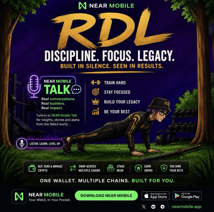 A promotional graphic for NEAR Mobile featuring the tagline 'RDL: Discipline. Focus. Legacy. Built in silence. Seen in results.' with bullet points 'Train Hard, Stay Focused, Build Your Legacy, Be Your Best,' alongside a 'NEAR Mobile Talk' podcast promo and app download links for App Store and Google Play.