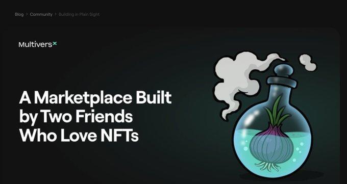 A website header for Multivers showing the headline 'A Marketplace Built by Two Friends Who Love NFTs' alongside an illustration of a potion bottle containing a purple onion-like plant.