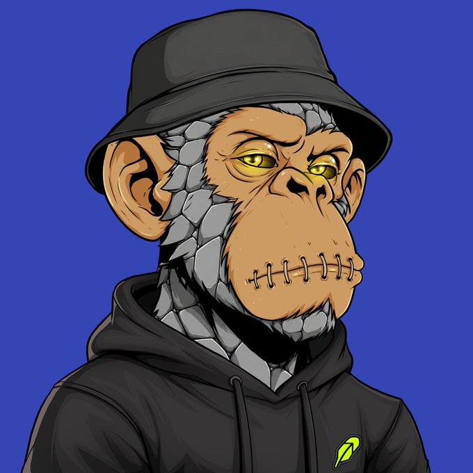 A cartoon illustration of a monkey character with yellow eyes, wearing a black bucket hat and a black hoodie, set against a solid blue background.