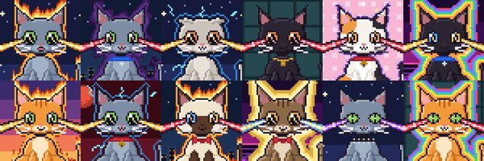 A pixel art grid displays twelve variations of cats in different colors and styles, each holding a glowing staff, set against starry backgrounds in various hues. The image complements the promotional post by showcasing the visual artwork likely associated with the "Galaxy Gatos" NFT collection, with the cats serving as the featured characters tied to the giveaway or mint event.