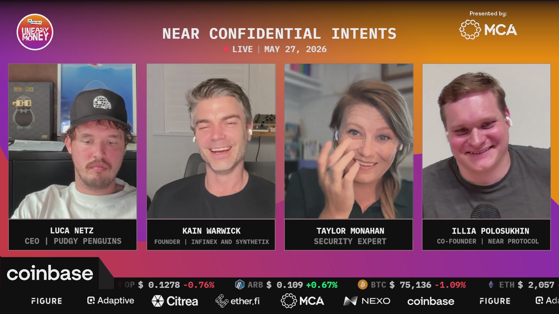 The image shows four people's faces on a computer screen with the caption "Near Confidential Intentions Live On May 27, 2020" at the top of the frame. The background is purple, which appears to be a part of an advertisement or promotional material for Coinbase.