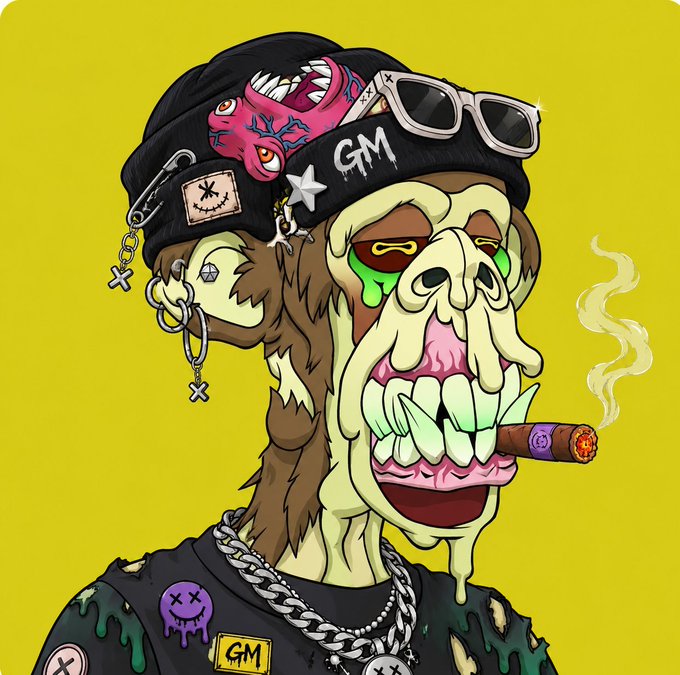A cartoon NFT-style illustration of a grotesque monkey character wearing a black beanie with a pink demon patch and 'GM' text, safety pins, sunglasses, earrings, and a black t-shirt, smoking a cigar against a yellow background.