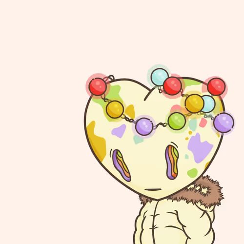 A digital drawing of a sad, pale creature with a heart-shaped head, colorful spots, and purple eyes, wearing a chain of colorful beads across its forehead and a fuzzy brown collar.