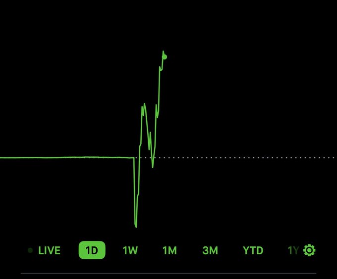 A green line chart on a dark background shows a stock's intraday price movement, with a sharp dip followed by a strong rally to session highs above the flat opening baseline. The 1D timeframe is selected, and the chart supports the post's claim of a profitable swing trade on $DELL, where sizing up on the dip resulted in significant gains.