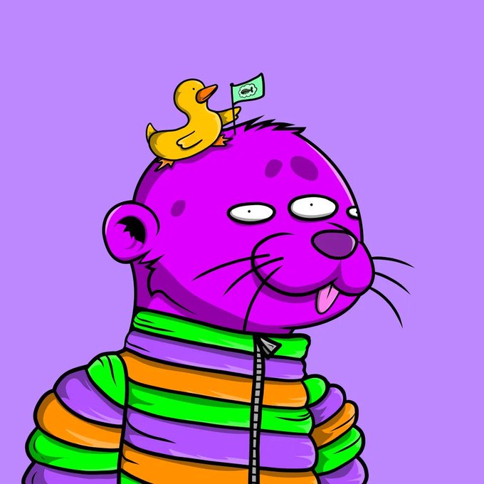 A cartoon illustration featuring a purple anthropomorphic animal with a yellow rubber duck on its head, holding a green flag with a frog icon, wearing a striped orange, green, and purple jacket against a purple background.
