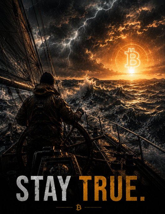 A dramatic digital illustration of a person steering a ship through a stormy ocean at sunset, with a glowing Bitcoin logo in the sky and the text "STAY TRUE." at the bottom along with a Bitcoin symbol.