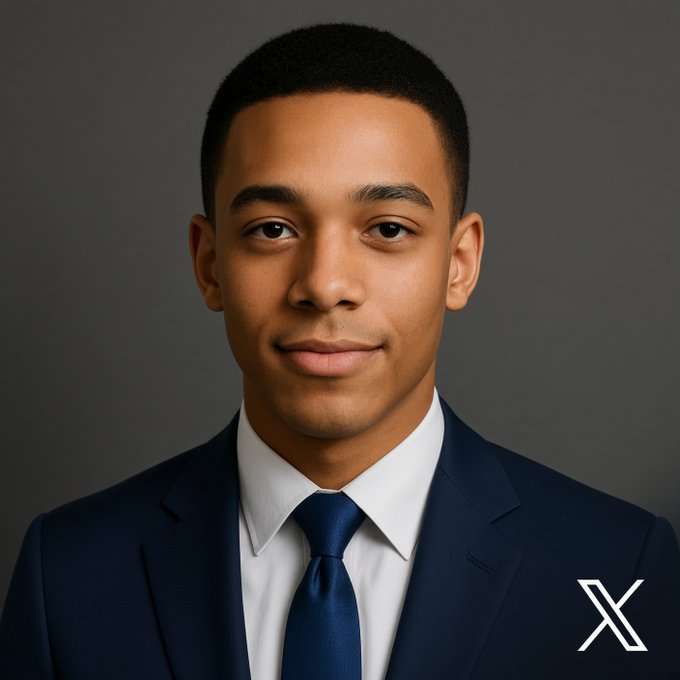 A professional portrait of a young man in a navy blue suit and tie, with an 'X' logo in the bottom right corner.