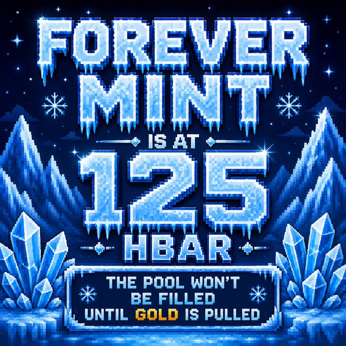 The pixel art illustration depicts an icy scene with the text "FOREVER MINT IS AT 125 HBAR," surrounded by ice crystals and mountains, advertising a 125 HBAR minting offer on sentx.io/forevermint. The bottom banner reads "THE POOL WON'T BE FILLED UNTIL GOLD IS PULLED."